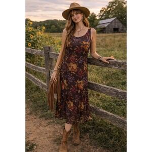 Boho Cottagecore Fairy Wedding‎ Liz Claiborne Dark Purple Floral Midi 10 Dress